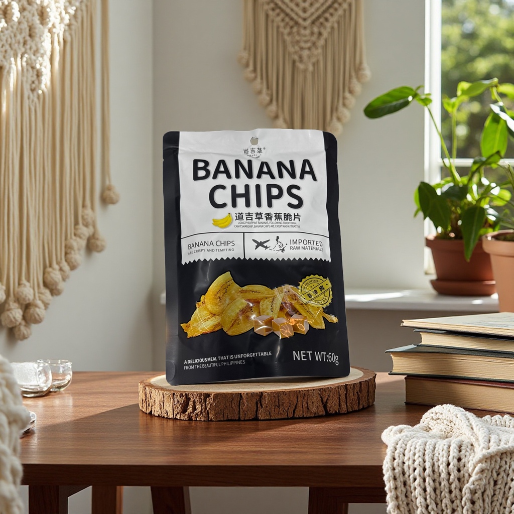 Banana crisps are individually packaged, crispy and delicious, and come in small bags as a snack Specification image