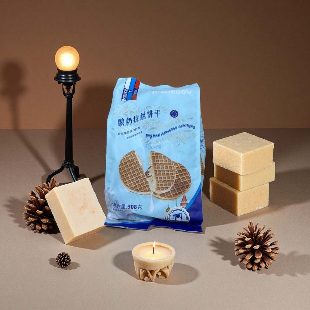 Yogurt stringed cookies, individually packaged in bags, are crispy, milky and can be stringed