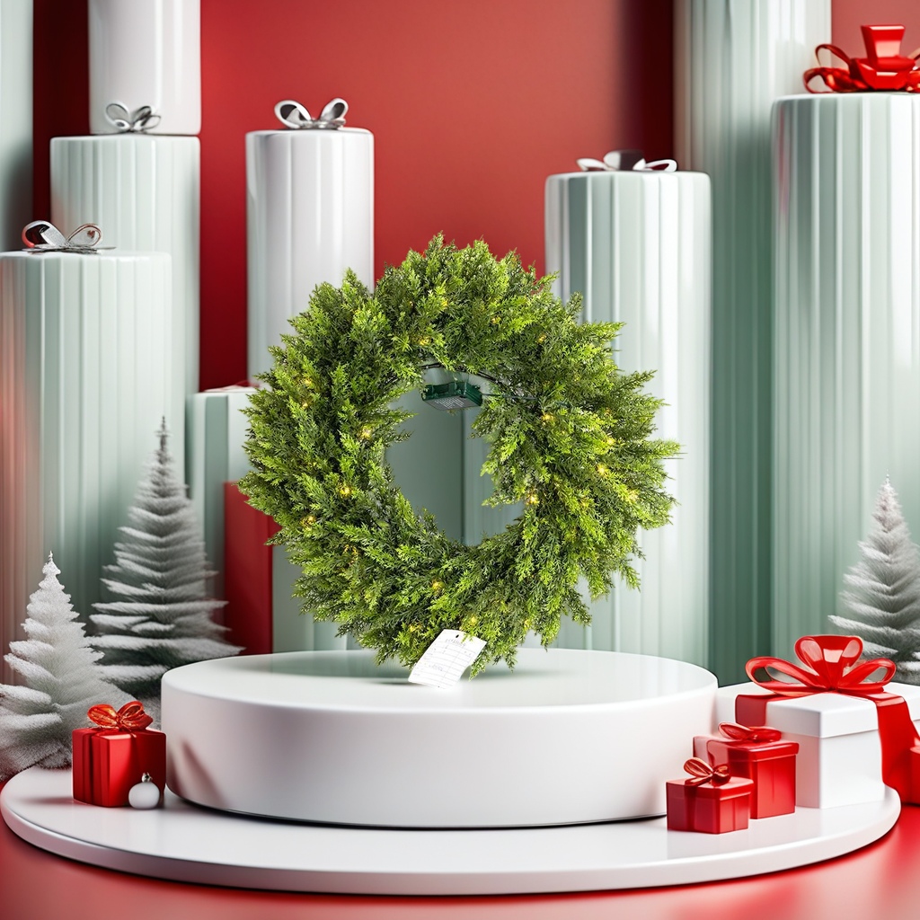 Green Christmas wreaths made of simulated pine branches and rattan are festive decorative pendants