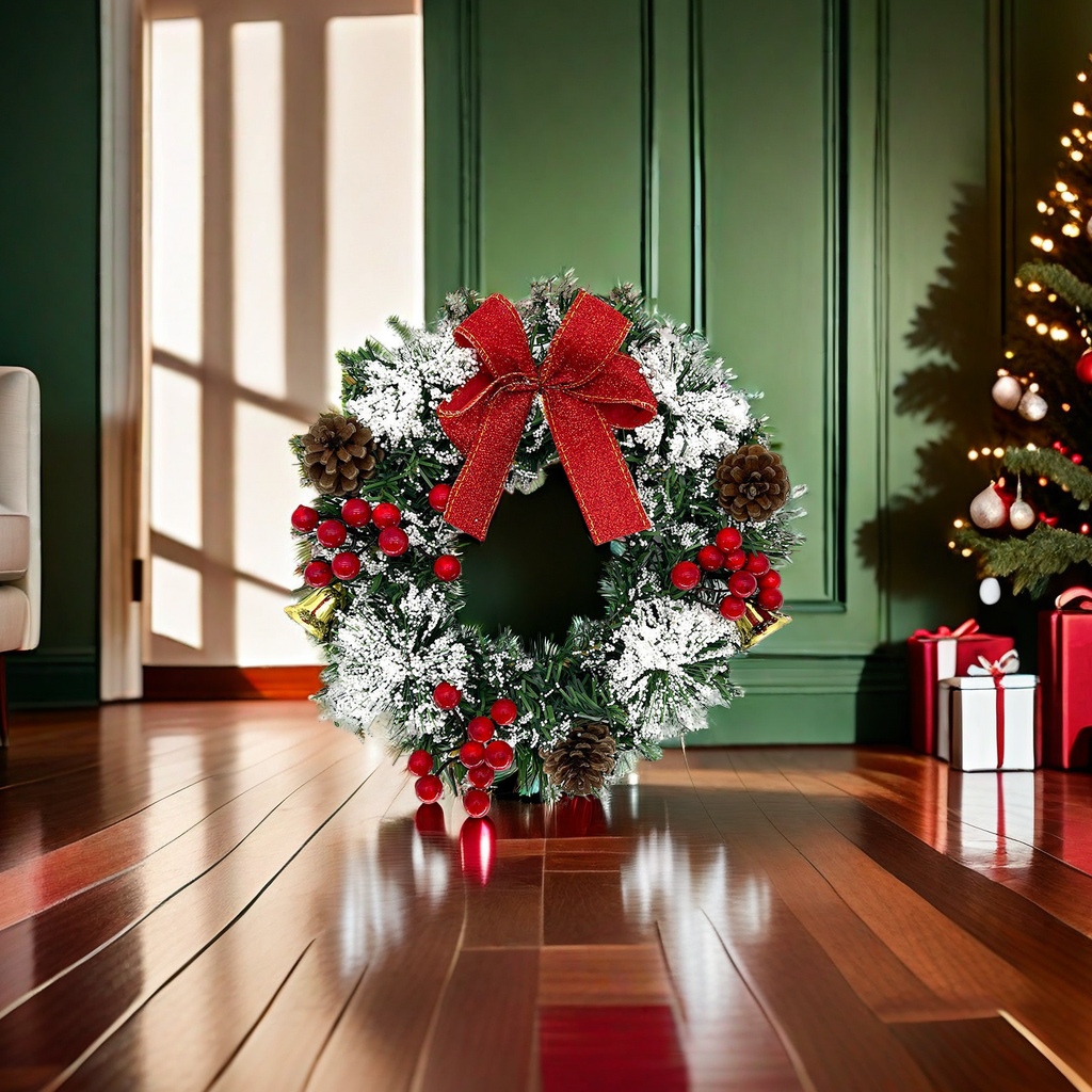 Christmas wreaths with simulated pine branches are hung on the door for festive decoration in the living room and bedroom