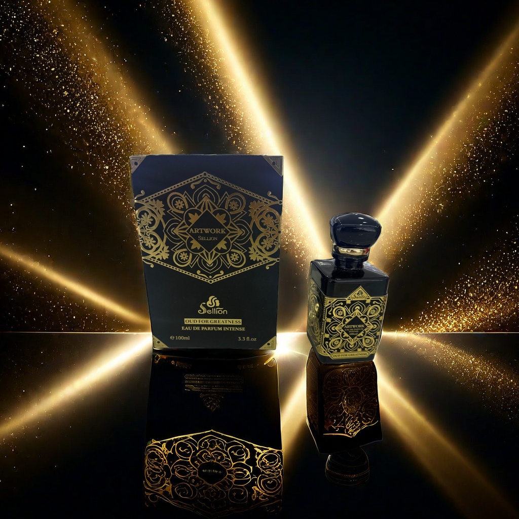 Perfume +Sellion Artwork Oud for Greatness perfume bottle and packaging box