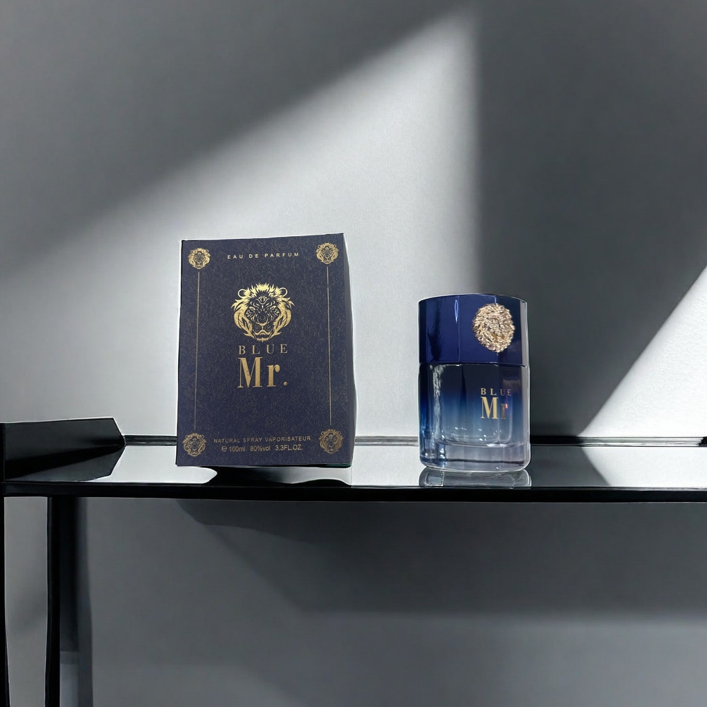 BLUE Mr. Perfume Men's Eau de Toilette Water bottle with original packaging box Application Scenario