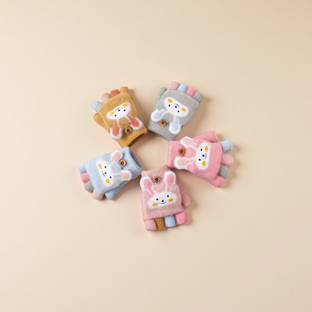 Cute rabbit-patterned children's wool half-finger gloves are warm, anti-slip, breathable and comfortable Specification image