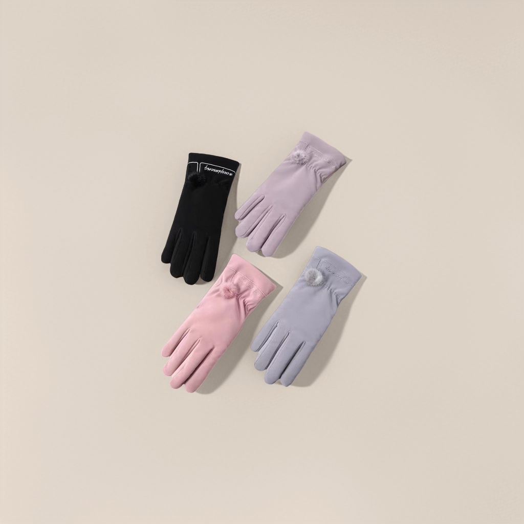 Fashionable winter women's long pom-pom decorated gloves four-color set black, purple, pink and grey gloves knitted winter Application Scenario