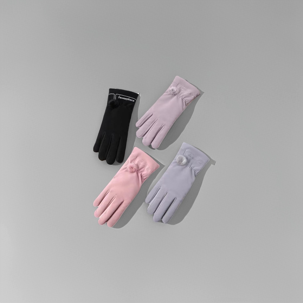 Fashionable winter women's long pom-pom decorated gloves four-color set black, purple, pink and grey gloves knitted winter
