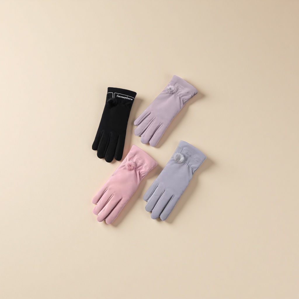 Fashionable winter women's long pom-pom decorated gloves four-color set black, purple, pink and grey gloves knitted winter Specification image