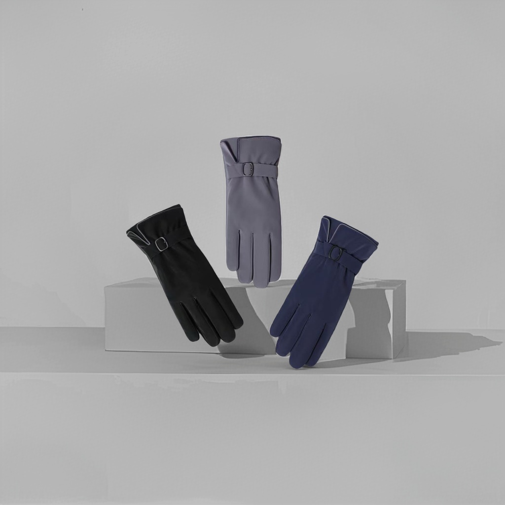 Winter new full-length touch screen anti-slip gloves in black, gray and dark blue with a plush inner buckle design details Picture