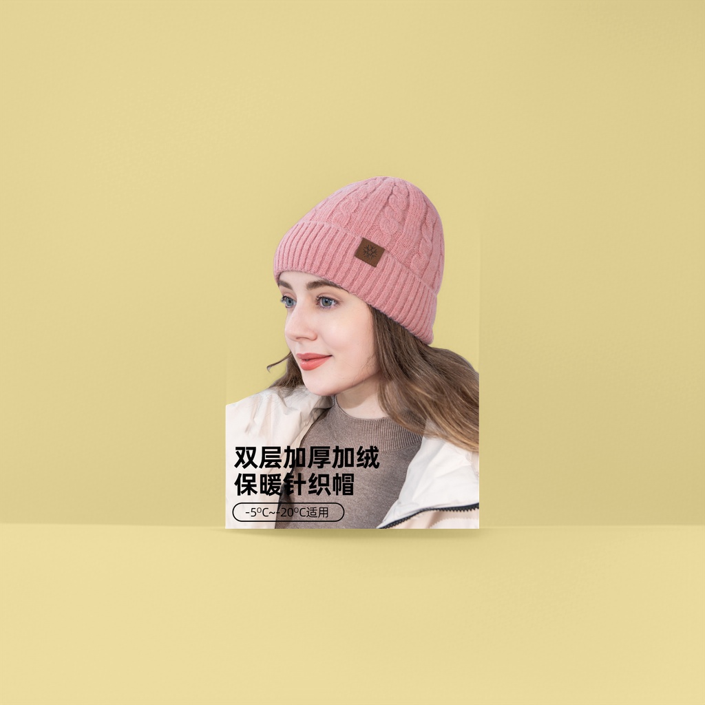 Double-layer thickened and fleece warm pink knitted hat in solid color Specification image