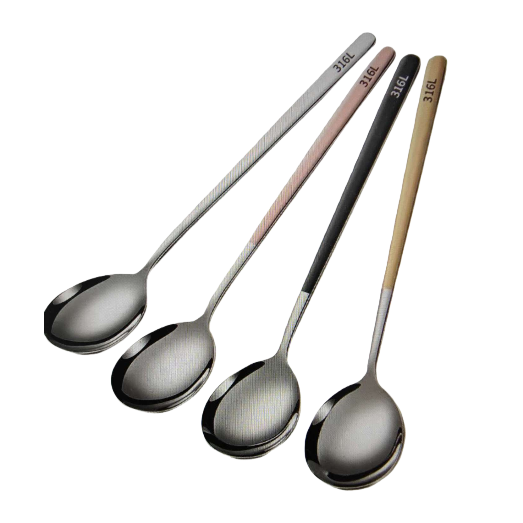 316L stainless steel four-color handle spoon set, silver powder, black gold, 4 pieces, round spoon head Item Picture