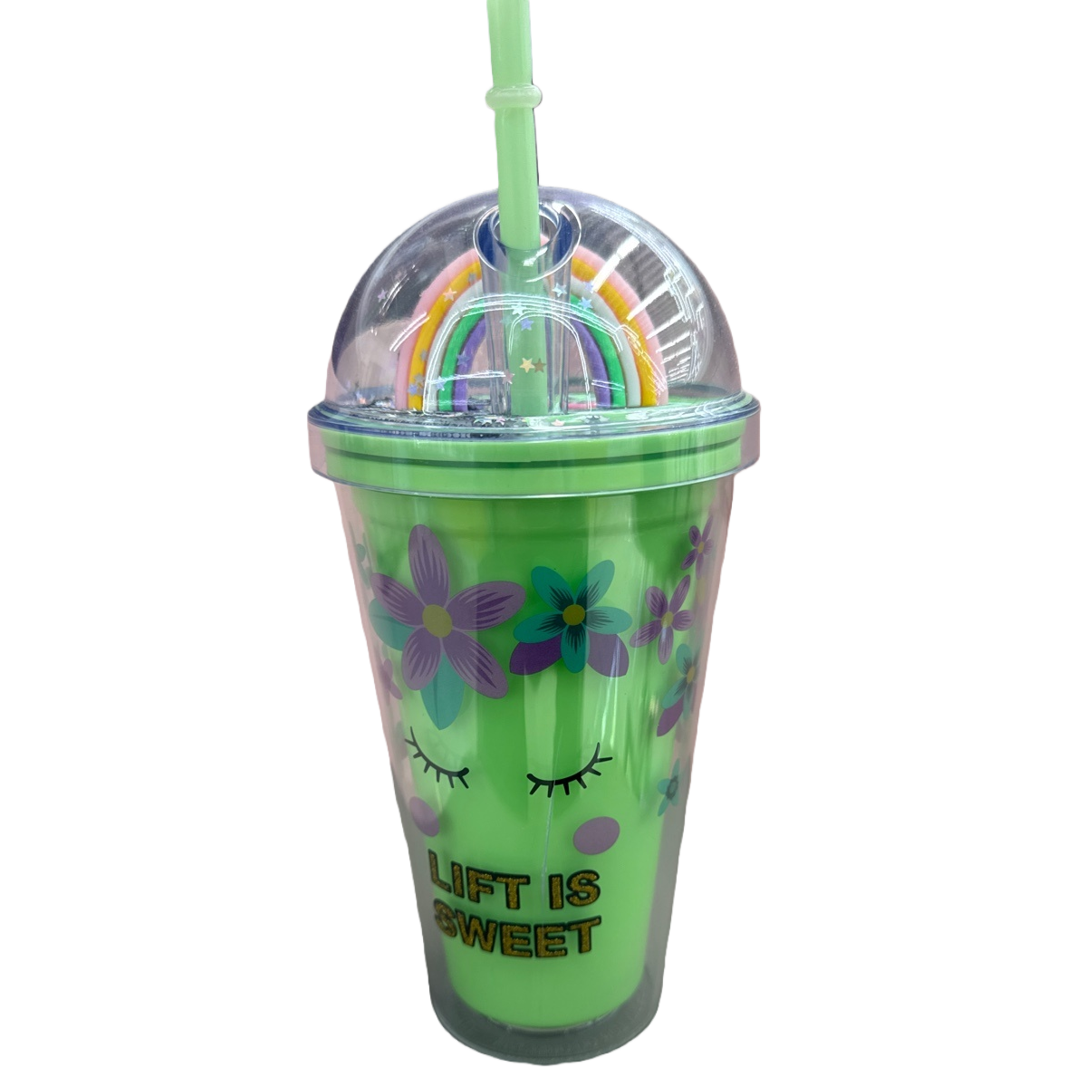 Green flower-patterned LIFT IS SWEET straw cup Item Picture