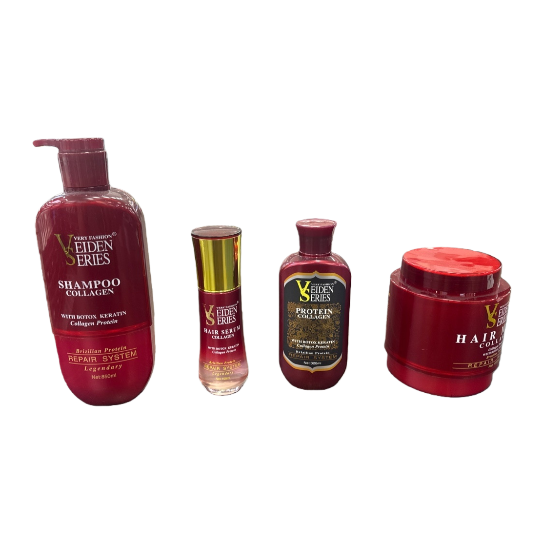 Veiden Series red bottle shampoo, conditioner, hair mask and essence set is displayed on a wooden desktop shelf Item Picture