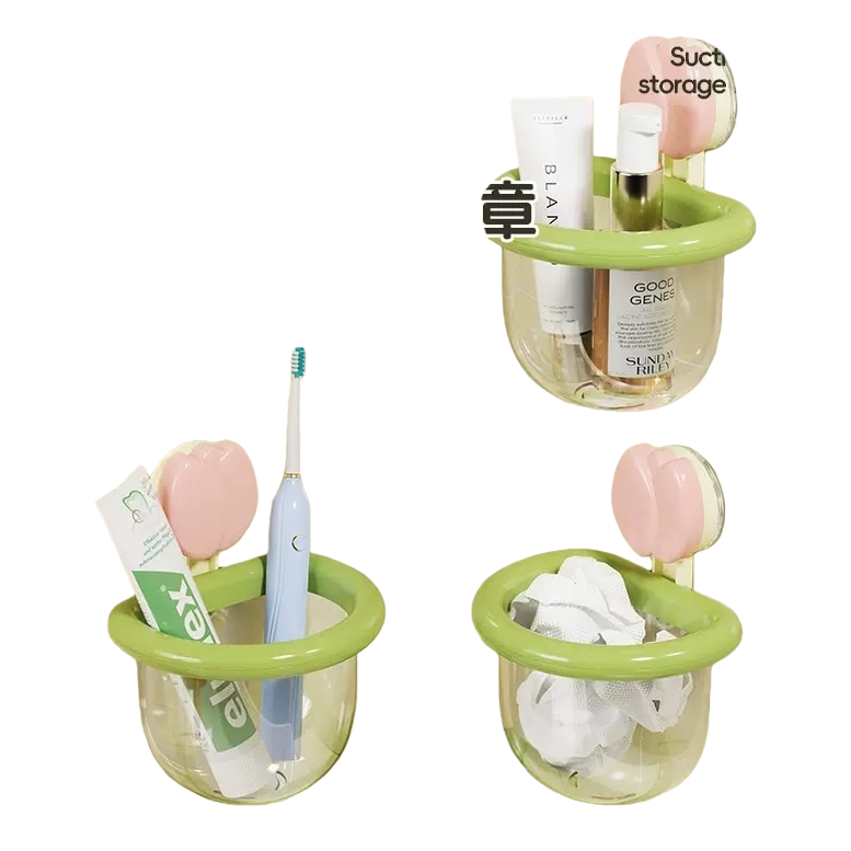 Bathroom suction cup type storage rack with basket, multi-functional, non-drilling, anti-slip and load-bearing Item Picture