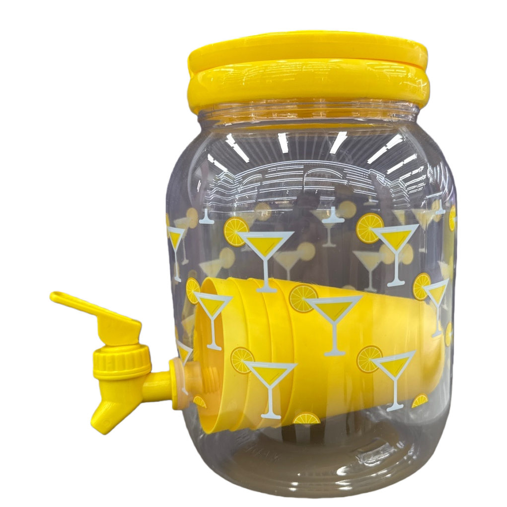 Transparent beverage can with a yellow lid and faucet design, a household water storage tank Item Picture
