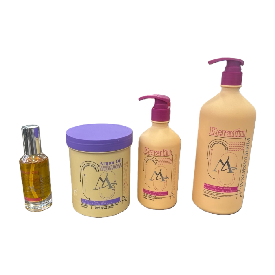Four-piece hair care set: Moroccan argan oil keratin care liquid and conditioner, displayed on a wooden table Item Picture