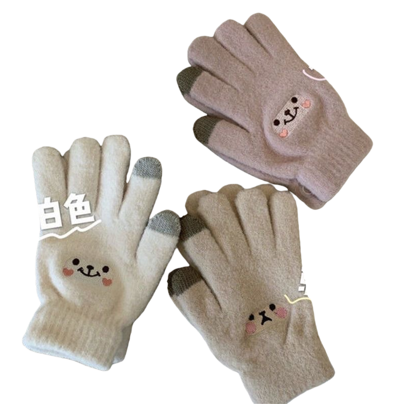 Cute smiling face patterned warm gloves for women, thickened anti-slip cotton gloves for autumn and winter Item Picture
