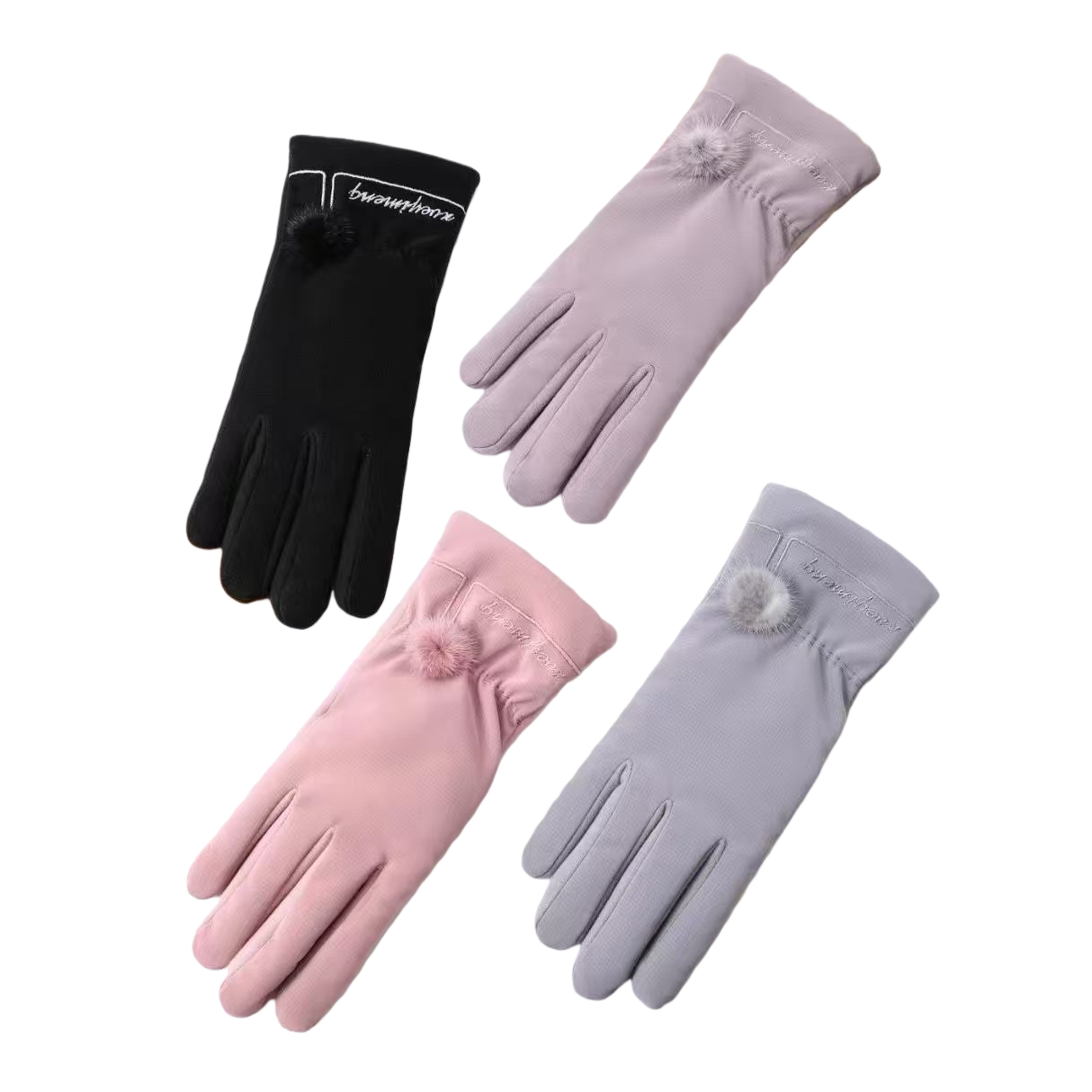 Fashionable winter women's long pom-pom decorated gloves four-color set black, purple, pink and grey gloves knitted winter Item Picture