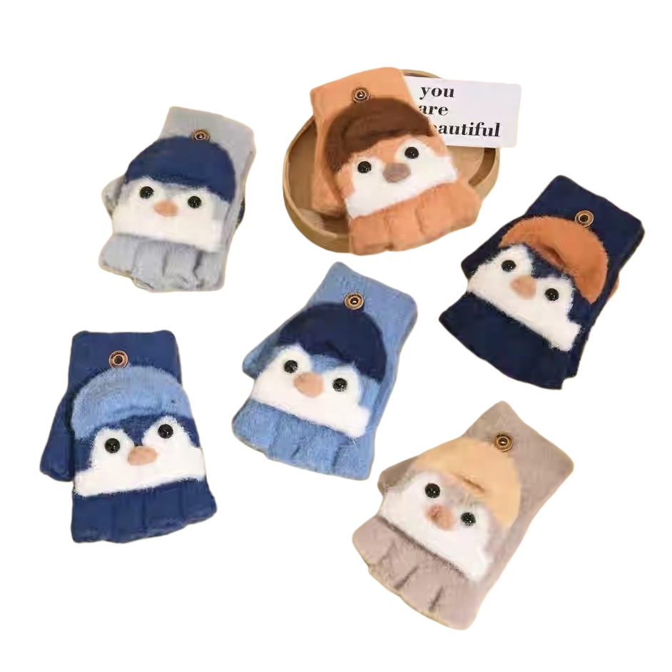 Cute cartoon penguin pattern woolen gloves, warm and anti-slip, knitted for women in autumn and winter Item Picture
