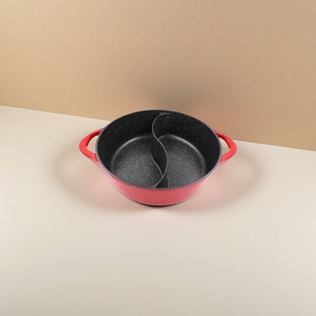 A red cast iron split pot with multiple compartments for frying, stir-frying, stewing and boiling is a household kitchen utensil Application Scenario