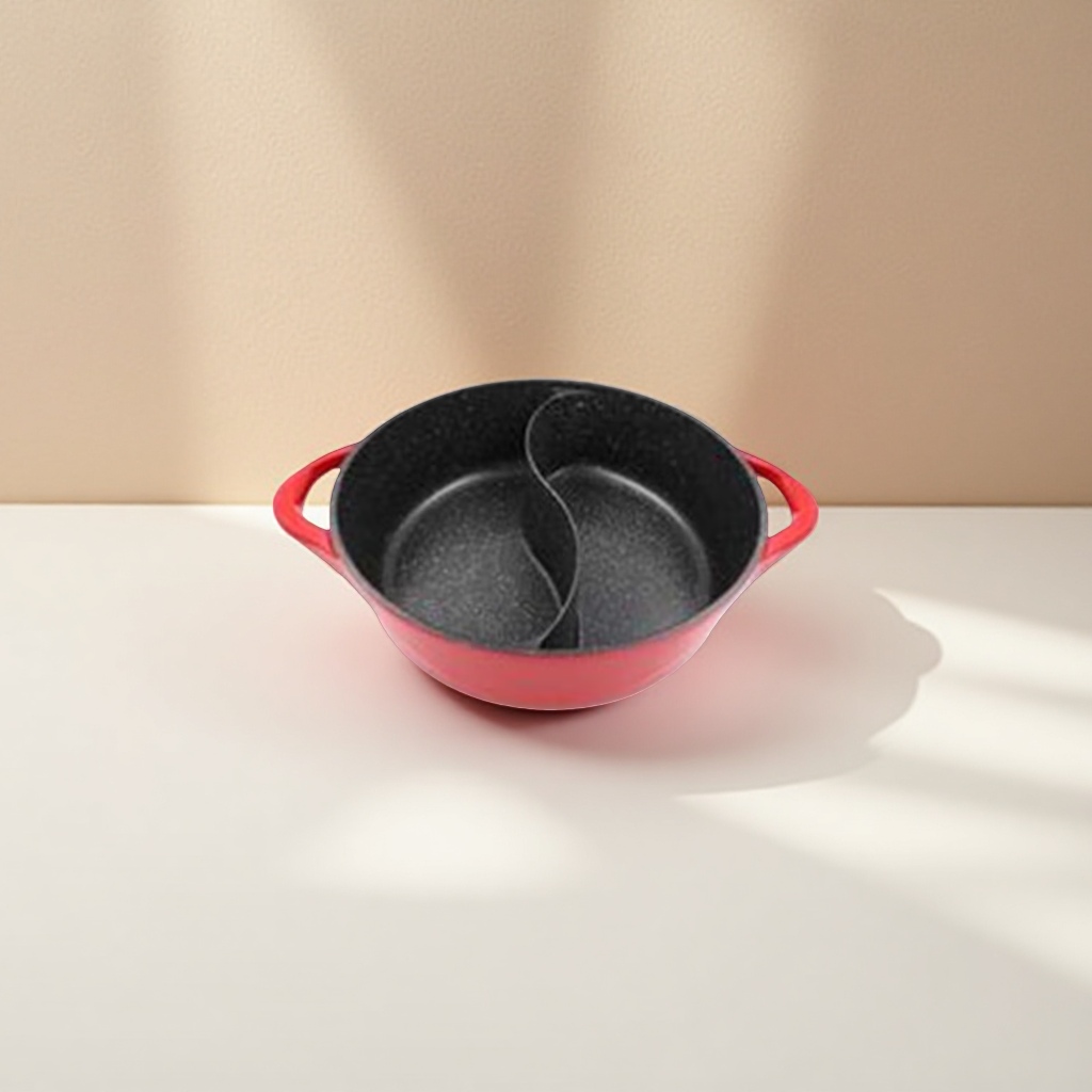 A red cast iron split pot with multiple compartments for frying, stir-frying, stewing and boiling is a household kitchen utensil details Picture