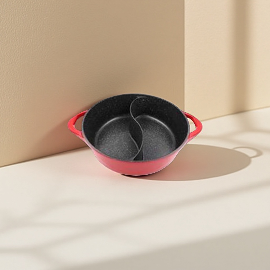 A red cast iron split pot with multiple compartments for frying, stir-frying, stewing and boiling is a household kitchen utensil Specification image