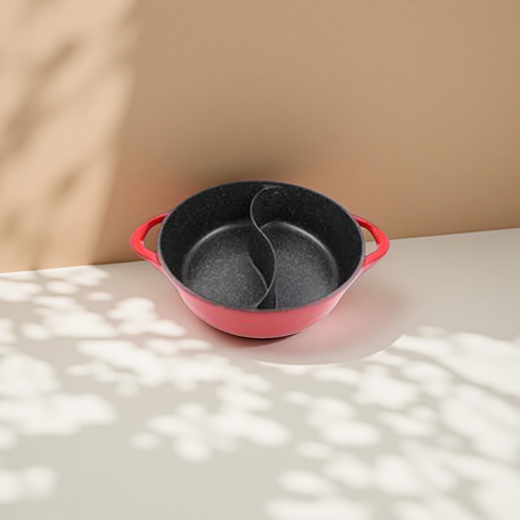 A red cast iron split pot with multiple compartments for frying, stir-frying, stewing and boiling is a household kitchen utensil