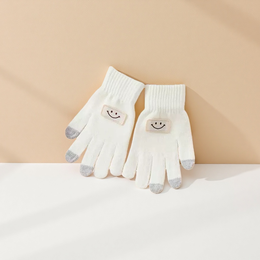 White smiley face pattern gloves, soft, warm and anti-slip cotton women's gloves, knitted winter