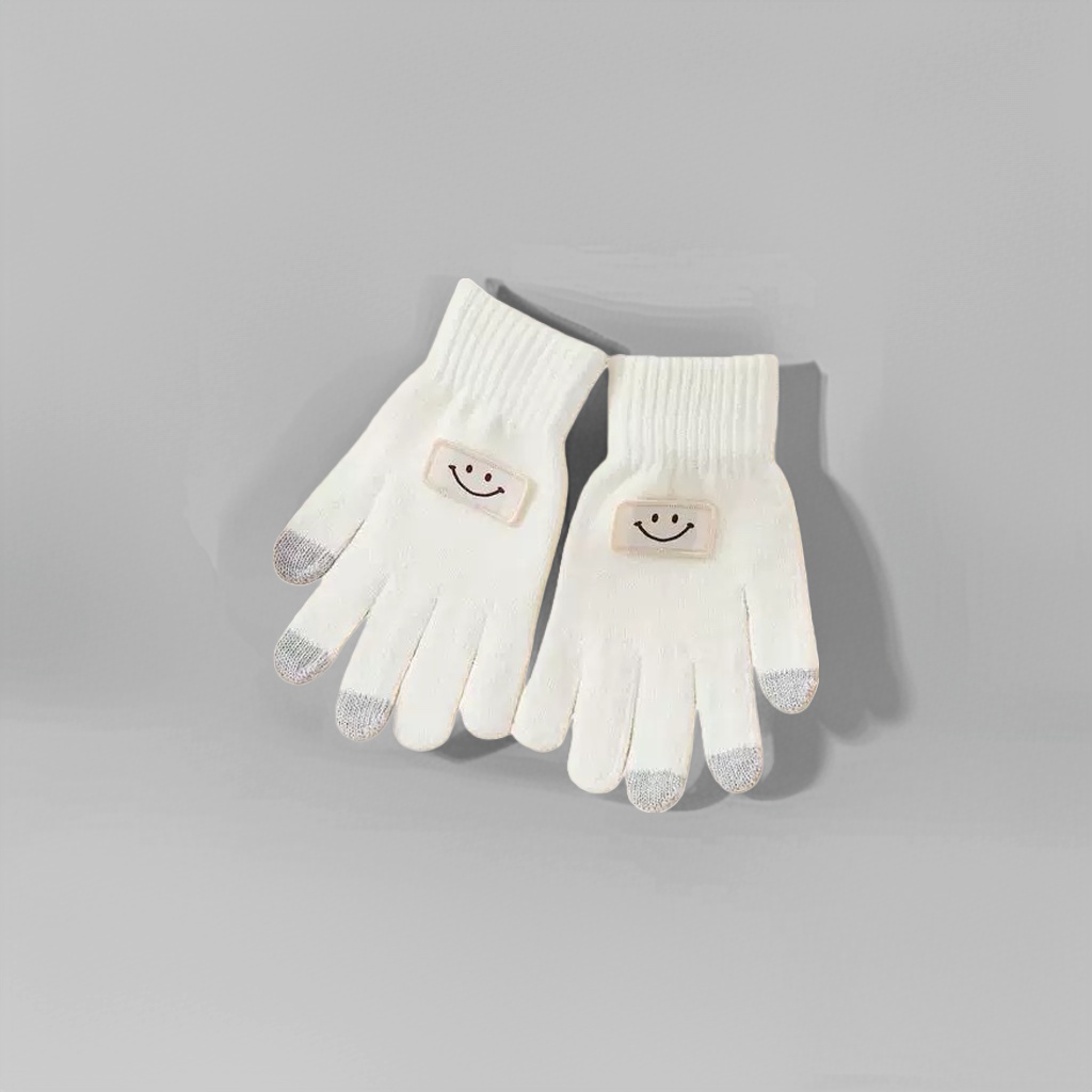 White smiley face pattern gloves, soft, warm and anti-slip cotton women's gloves, knitted winter Specification image