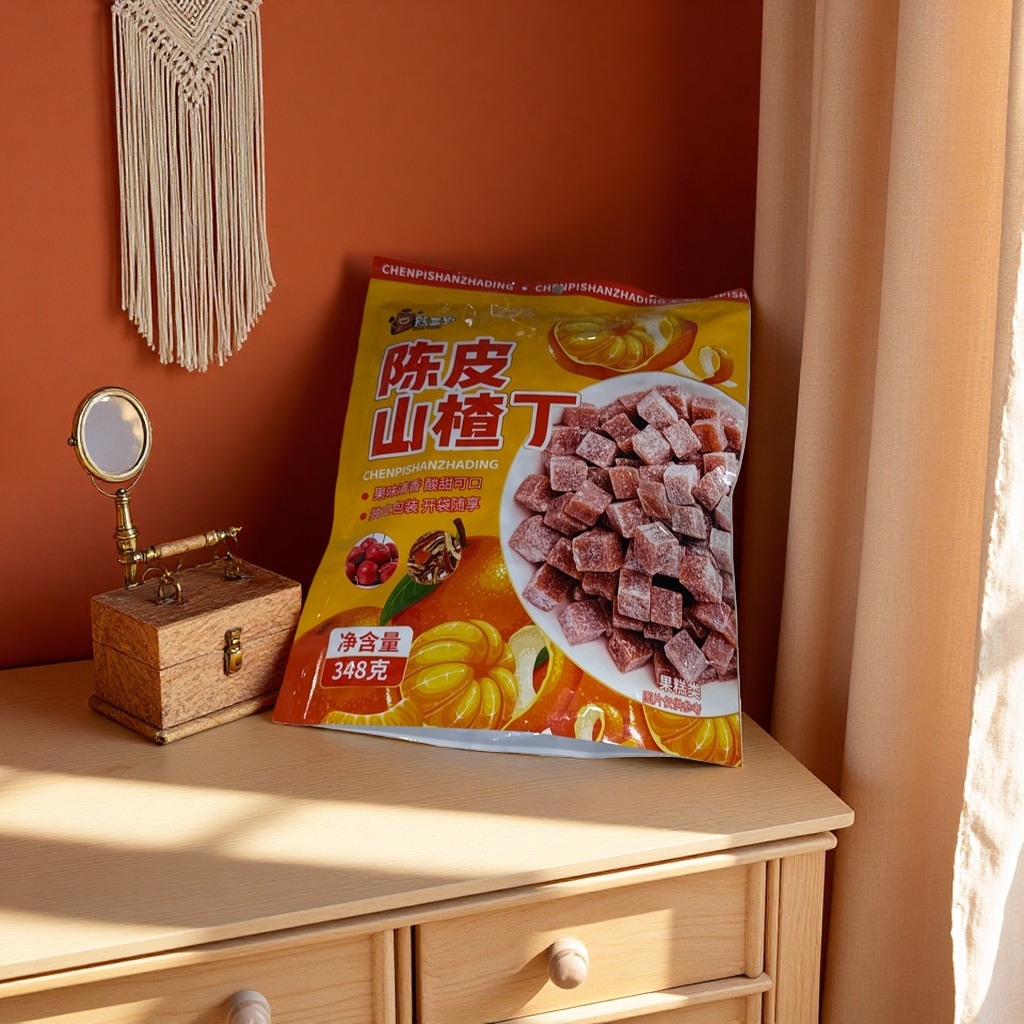 The packaging bags of dried tangerine peel, hawthorn and dingguo cake snacks are independent small bags, which are appetizing, aiding digestion and leisure foods Specification image