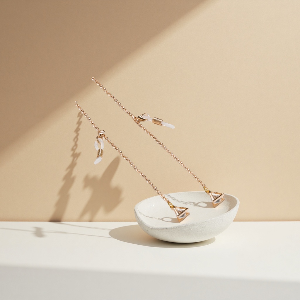 金色链条耳环，三角形吊坠，白色珠饰产品图