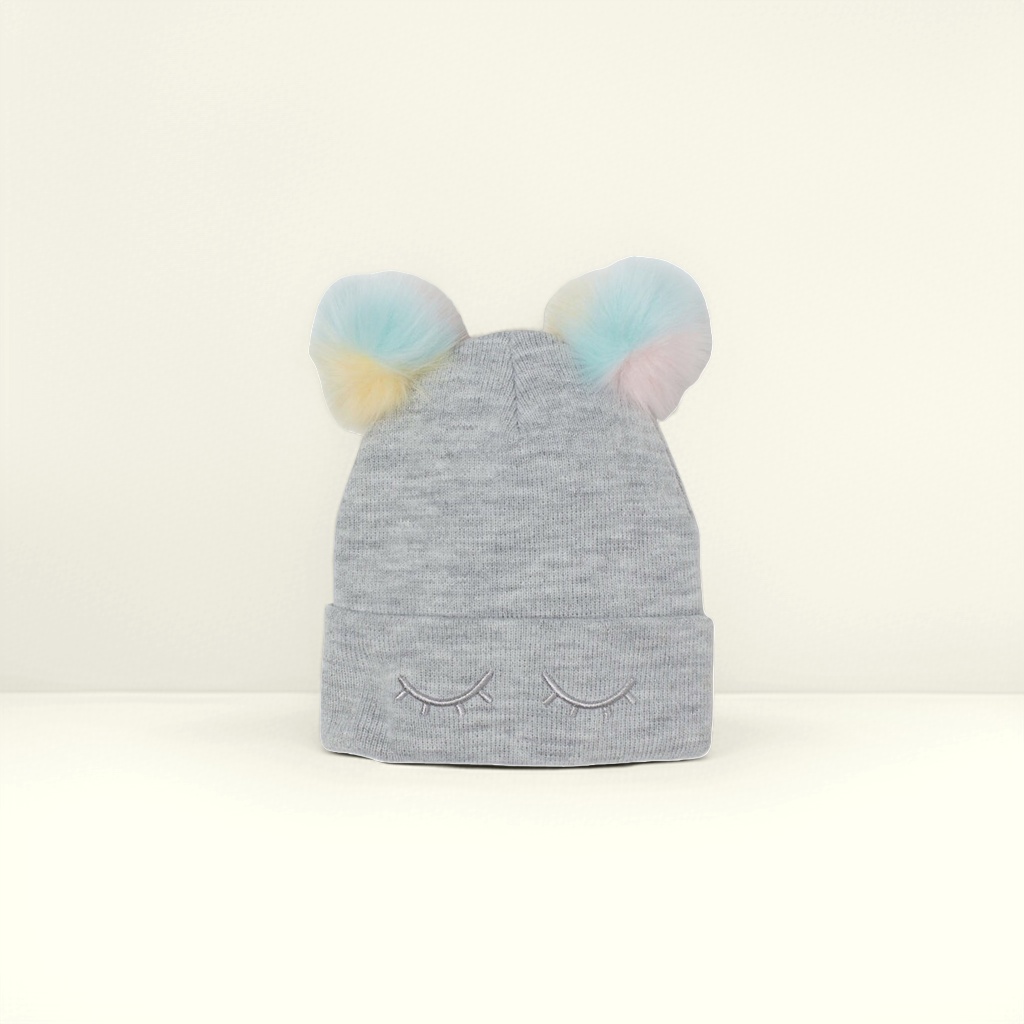 A grey woolen cap with colorful pom-poms and closed-eye embroidery, a warm winter knitted cap details Picture