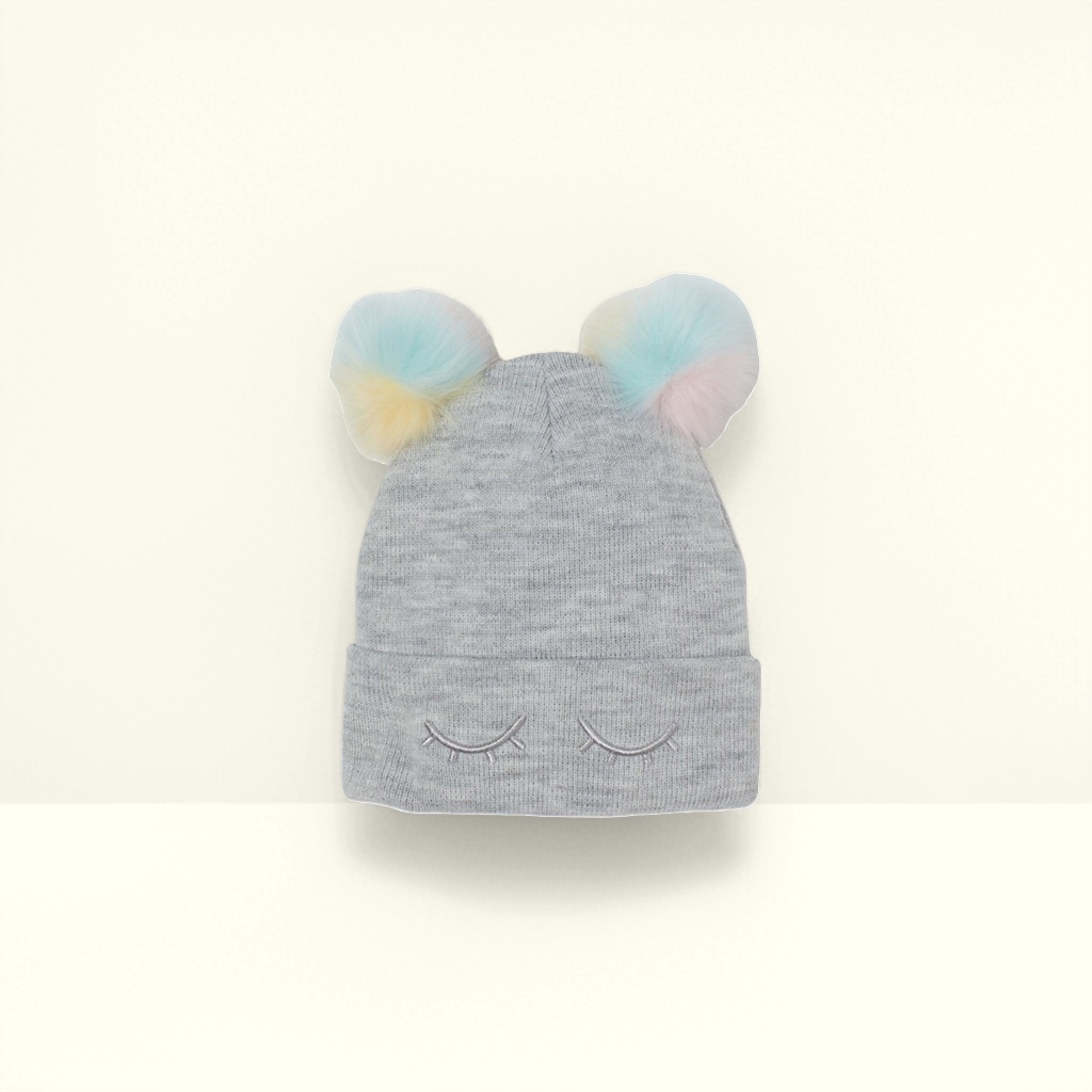 A grey woolen cap with colorful pom-poms and closed-eye embroidery, a warm winter knitted cap