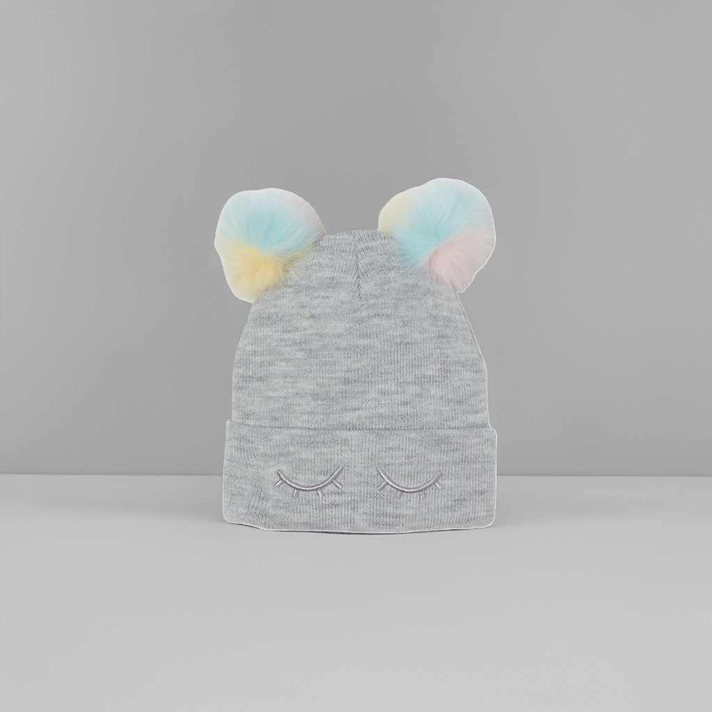 A grey woolen cap with colorful pom-poms and closed-eye embroidery, a warm winter knitted cap Specification image