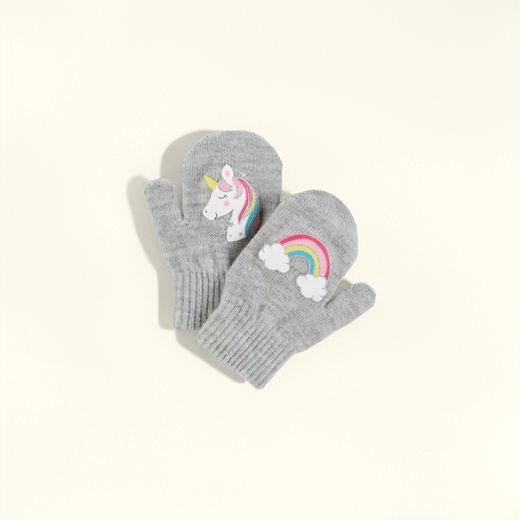 Grey woolen gloves with unicorn rainbow pattern, warm and anti-slip for women