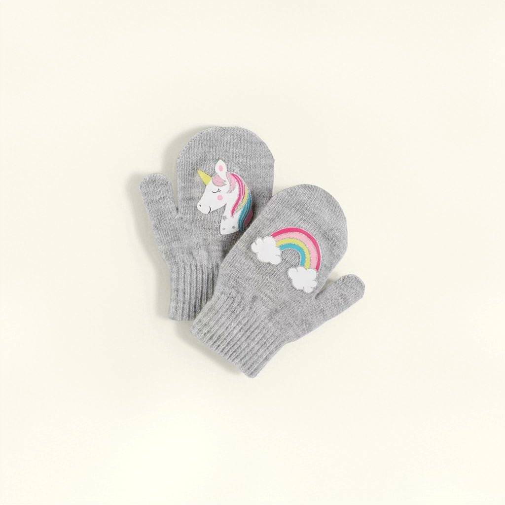 Grey woolen gloves with unicorn rainbow pattern, warm and anti-slip for women details Picture