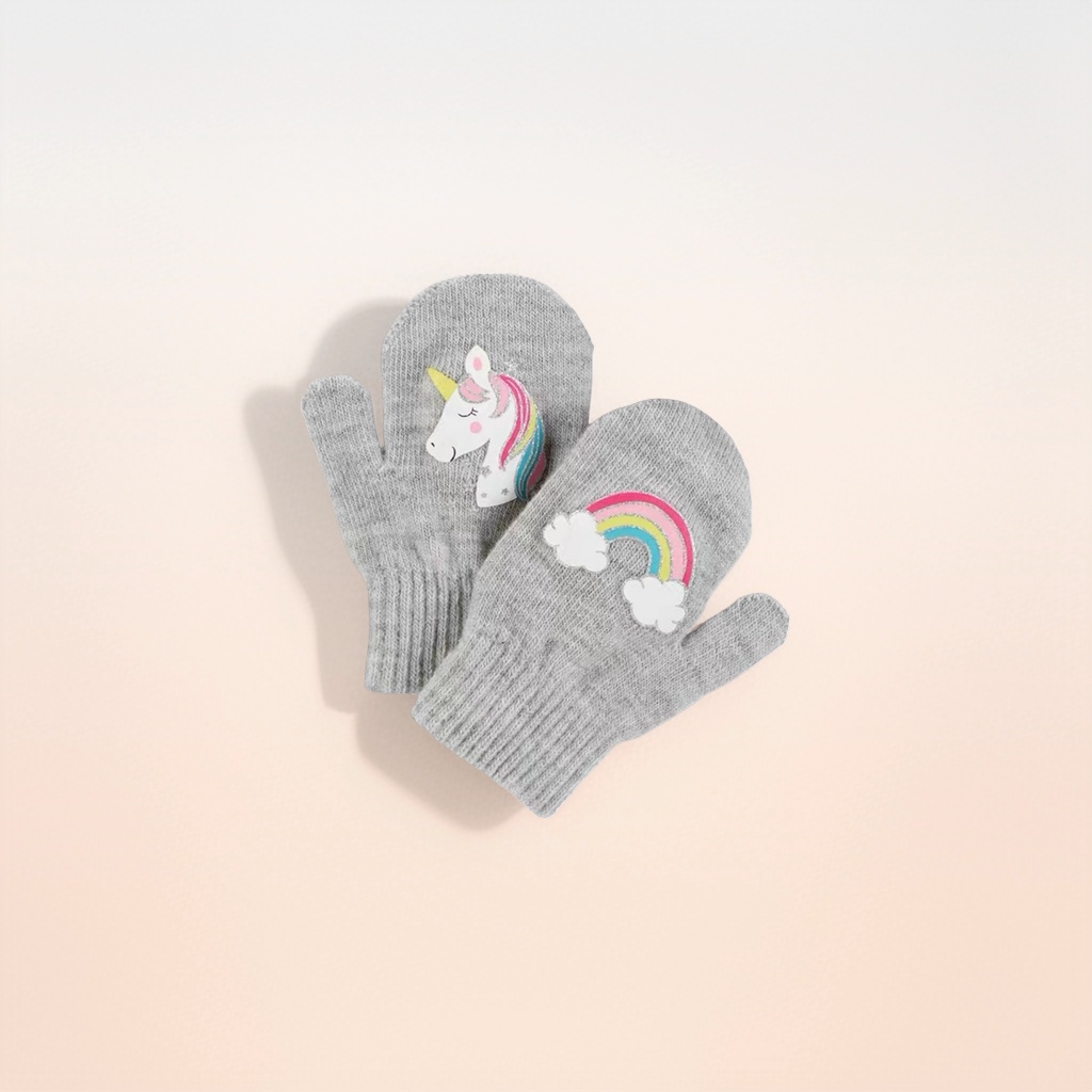 Grey woolen gloves with unicorn rainbow pattern, warm and anti-slip for women Application Scenario