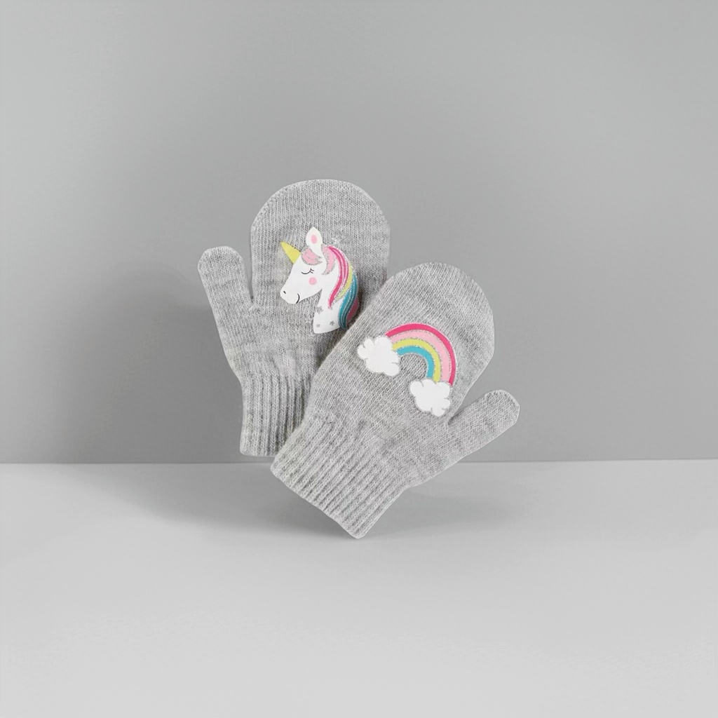 Grey woolen gloves with unicorn rainbow pattern, warm and anti-slip for women Specification image