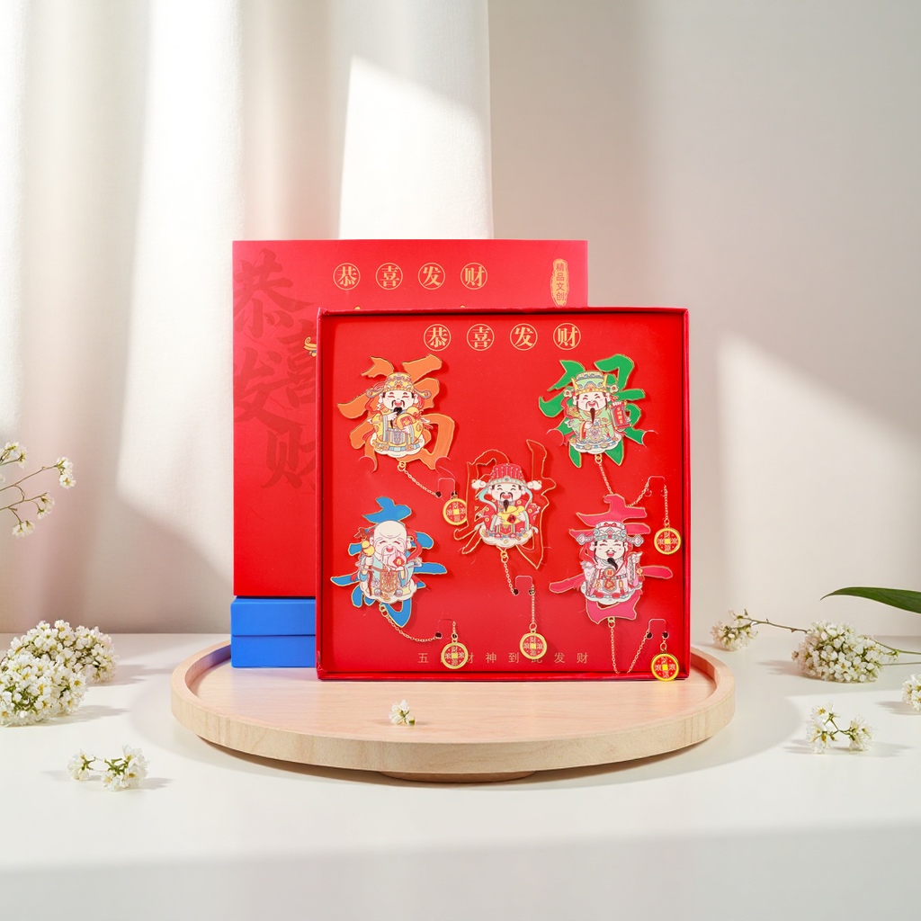 The God of Wealth bookmark Cultural and Creative Fortune, Prosperity, Longevity and Happiness, the God of Wealth Metal Bookmark Creative Spring Festival Gift, Five Gods Arrive at the door, full of good fortune Application Scenario