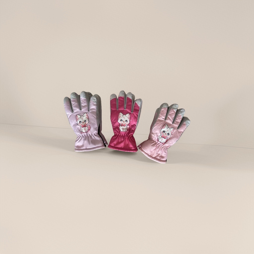 Pink cartoon cat pattern warm gloves details Picture