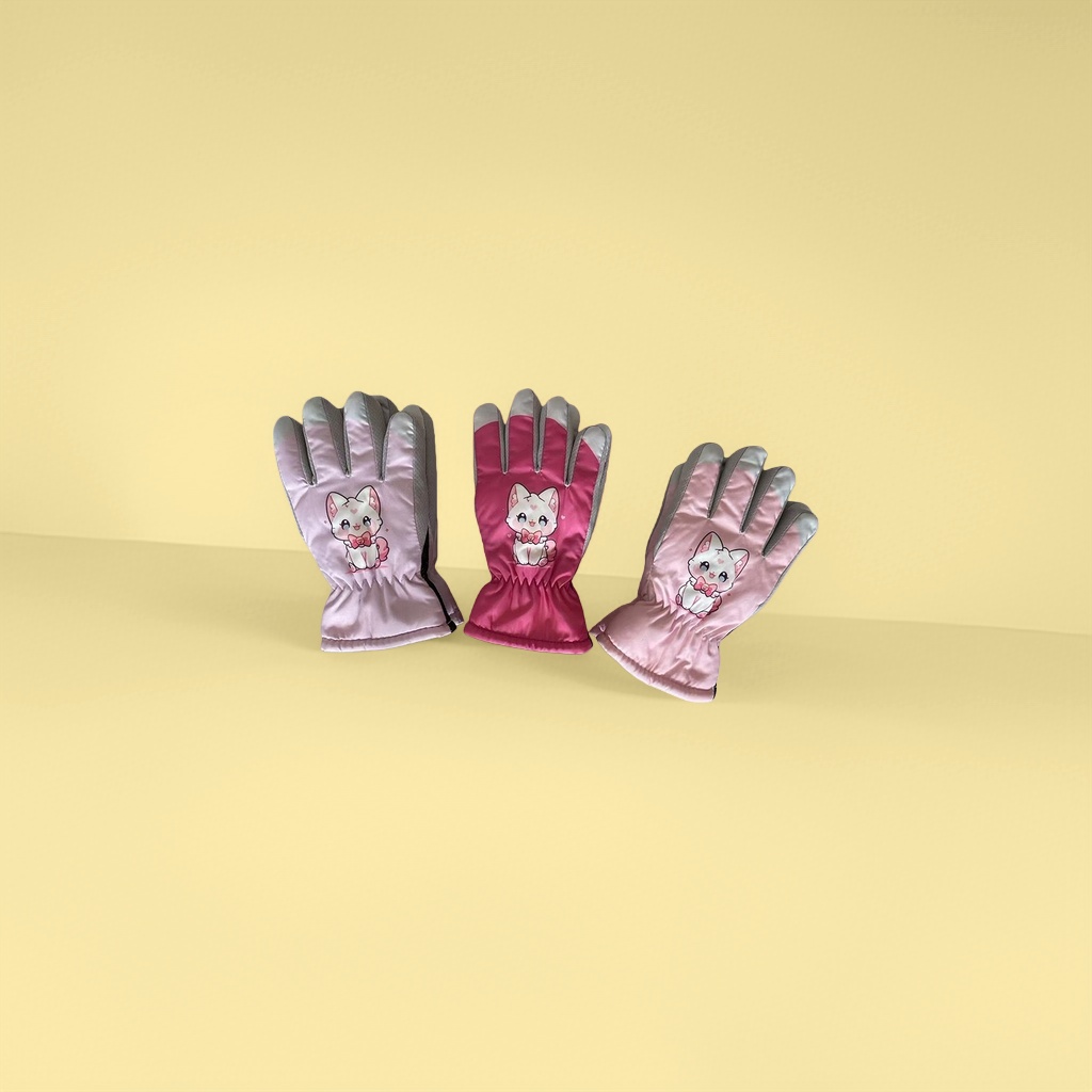 Pink cartoon cat pattern warm gloves