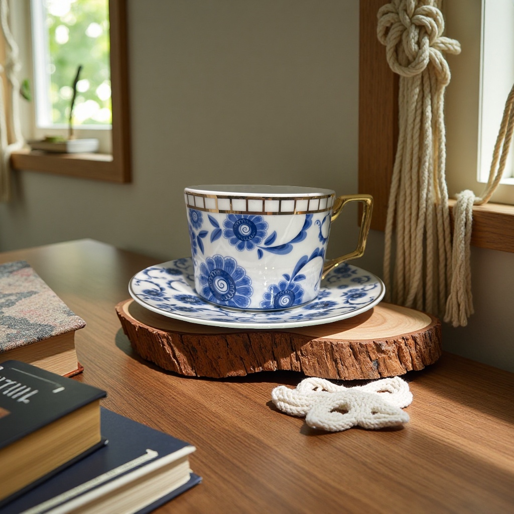 蓝白花纹+茶杯和茶托产品图