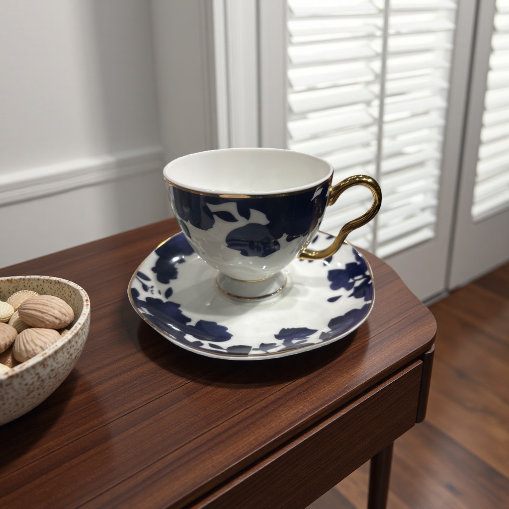 蓝色花卉图案+茶杯和茶碟细节图