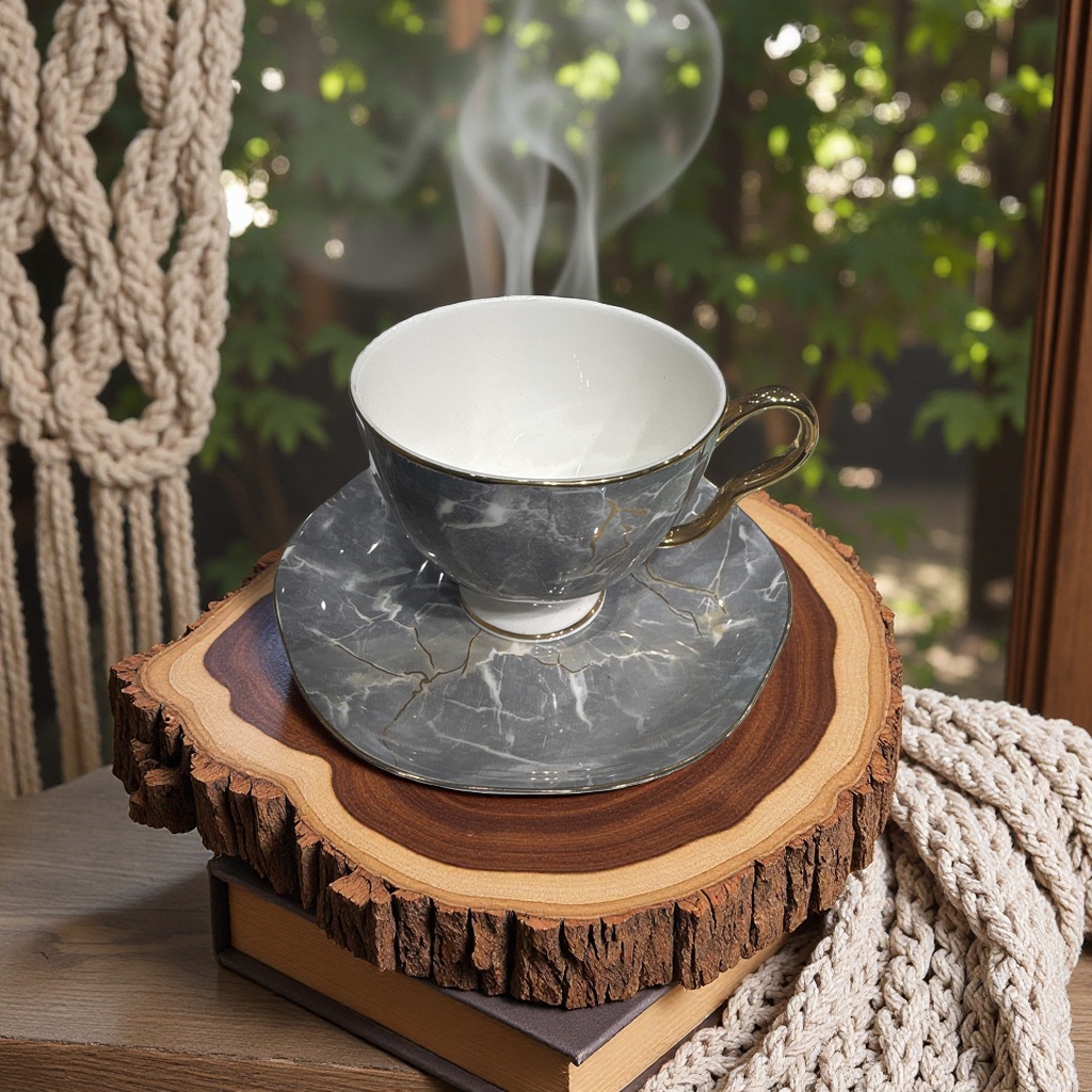大理石纹茶杯和茶托套装 陶瓷防烫家用客厅茶具