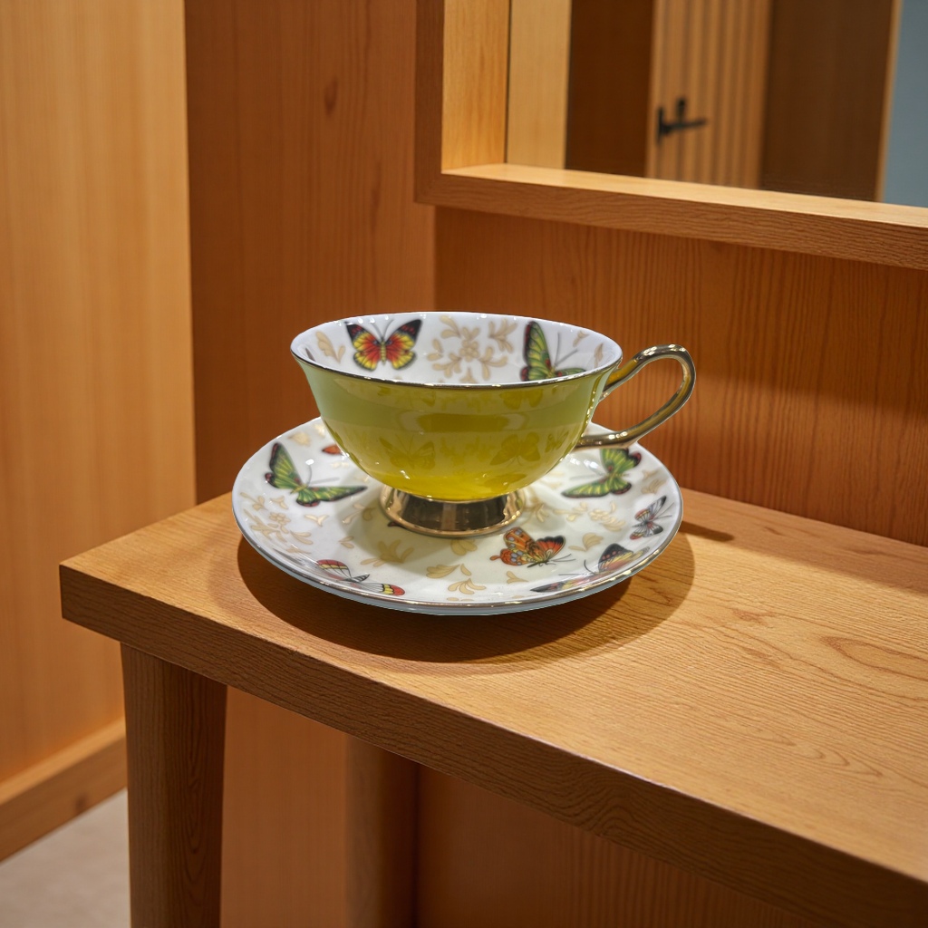 彩色蝴蝶图案+茶杯和茶碟细节图