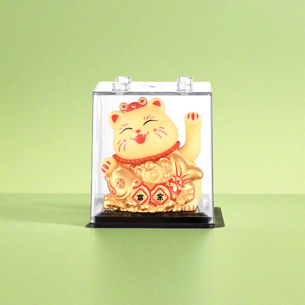 The copper sculpture of the Maneki Neko on the office desk is a feng shui mascot for attracting wealth and good fortune Specification image