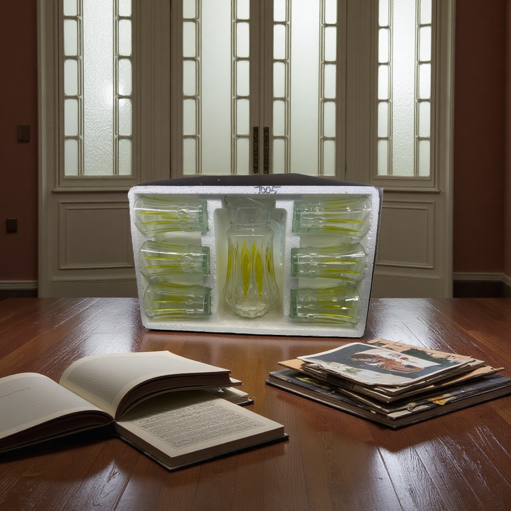 Glassware set: A combination of glass water bottles and cups