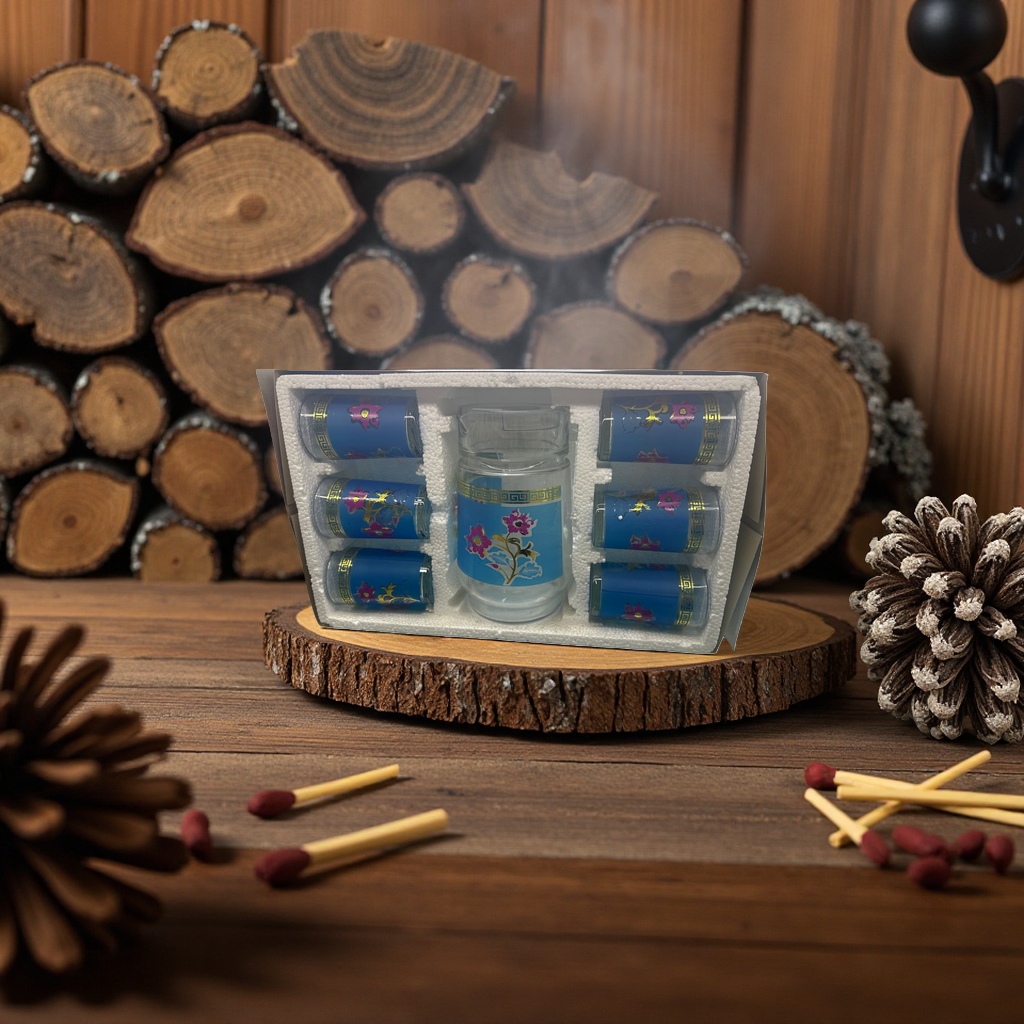 A set of 6 blue floral-patterned glass cups, featuring high borosilicate heat-resistant transparent water cups details Picture