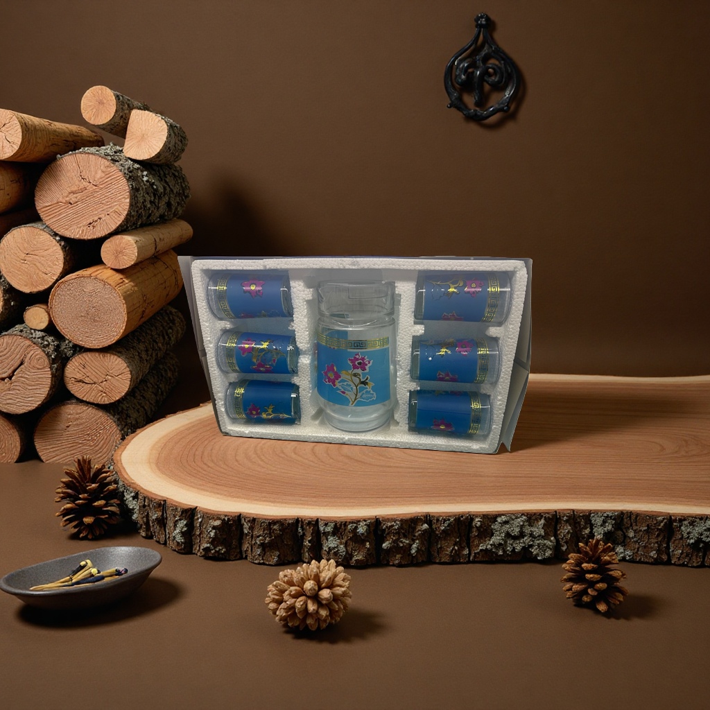 A set of 6 blue floral-patterned glass cups, featuring high borosilicate heat-resistant transparent water cups