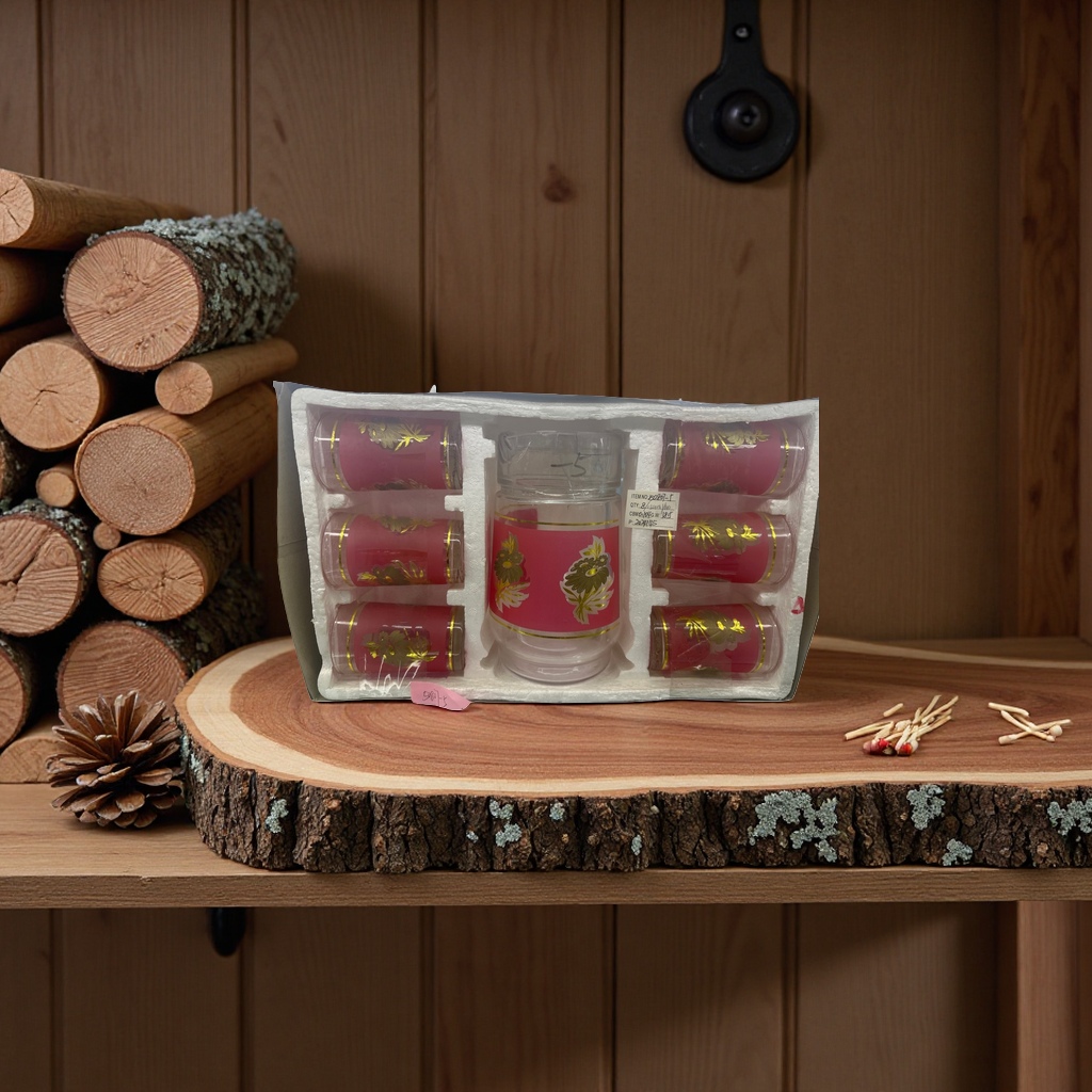 A set of 6 red floral-patterned glass cups, featuring high borosilicate heat-resistant tea and water cups