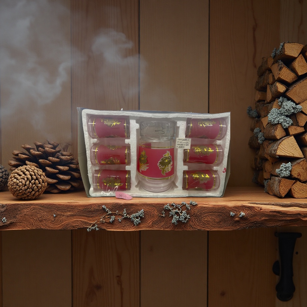 A set of 6 red floral-patterned glass cups, featuring high borosilicate heat-resistant tea and water cups Application Scenario