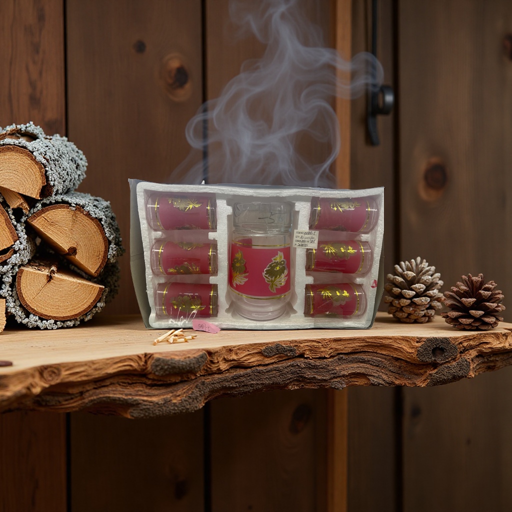 A set of 6 red floral-patterned glass cups, featuring high borosilicate heat-resistant tea and water cups Specification image